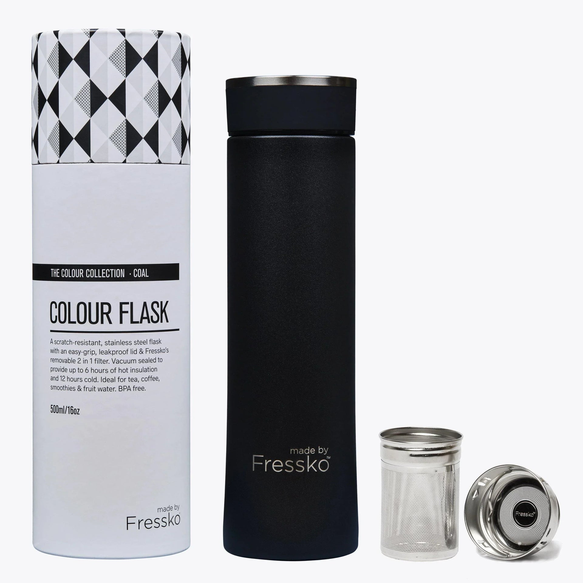 Fressko Infuser Flask 500ml - Coal | Drink Bottle - Stainless Steel Water Bottle - cf-type-stainless-steel-water-bottle, col-gifts, DrinkBottle, us-retail, Water Bottle - Upcycle Studio