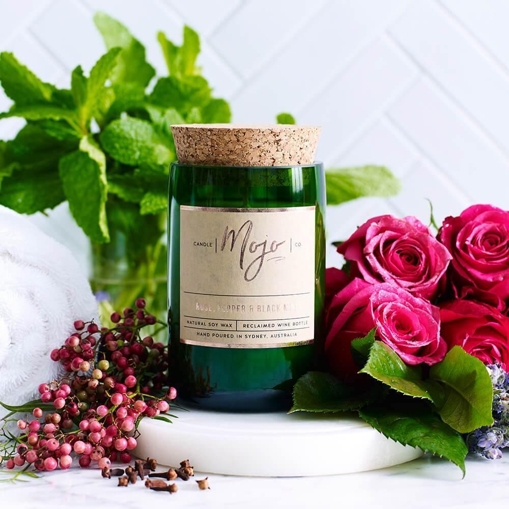 Mojo Wine Bottle Candle - Rose, Pepper & Black Mint - Candle - Bathroom, cf-type-candle, col-gifts, col-gifts-for-mum, us-retail - Upcycle Studio