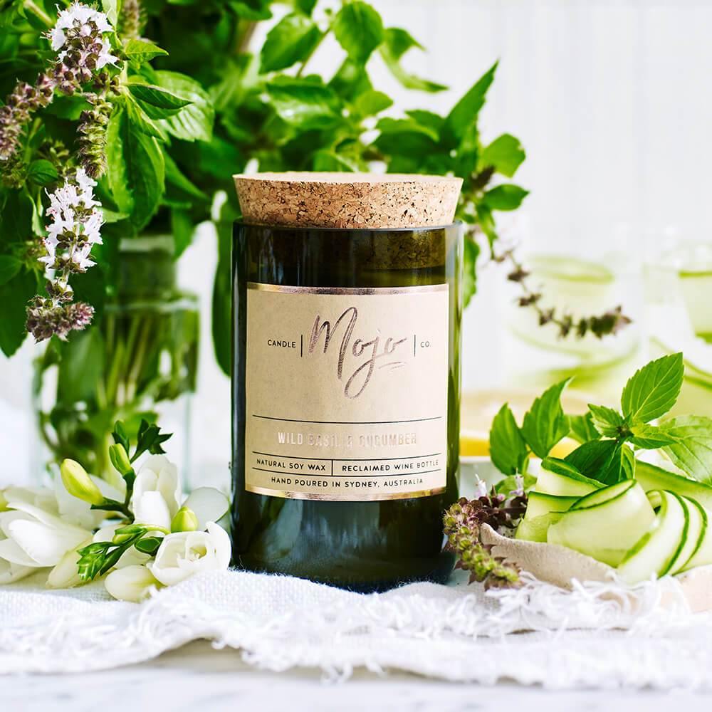 Mojo Wine Bottle Candle - Wild Basil & Cucumber - Candle - cf-type-candle, col-gifts, col-gifts-for-women, us-retail - Upcycle Studio